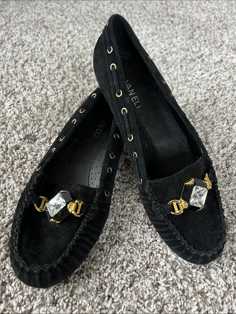 Vaneli Women's Black Suede Loafers Jeweled Moccasins Slip On Shoes Size 8.5